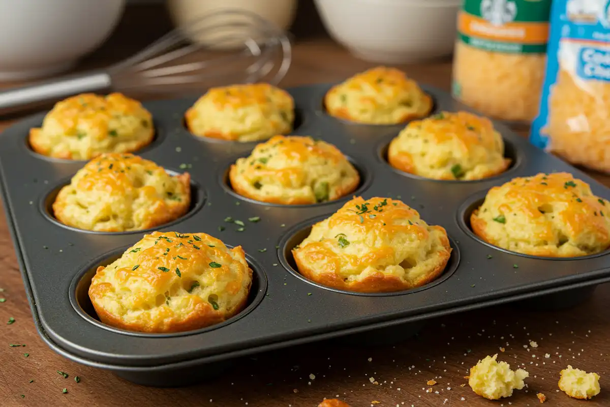 A muffin tin filled with golden Copycat Starbucks Potato Chive Bakes.