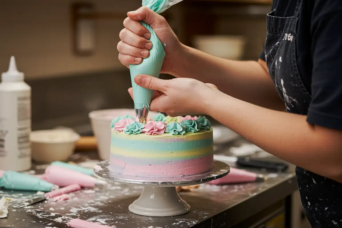 A baker's hands pipe pastel-colored buttercream frosting onto a Quinceanera cake.