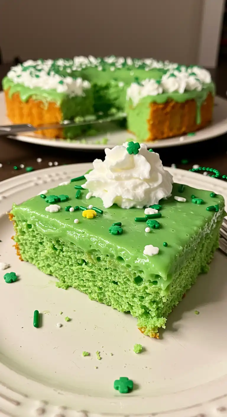 A St. Patrick's Day Poke Cake shows poke holes with green pudding.