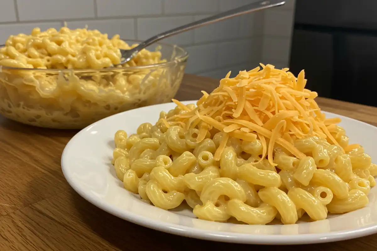 Bowl of processed cheese. The effect of the processed cheese can be seen in this photograph. There are no spices and a kitchen table below to create a rustic feel. Learn more about, “What cheeses are not to use for mac and cheese.