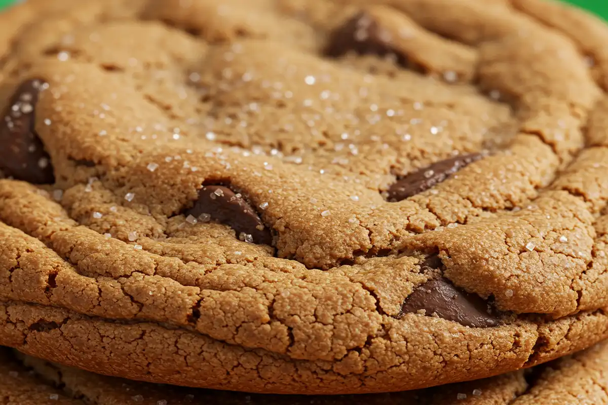 Zoomed-in view of Subway-style cookie crust, sugar crystals glistening to show "What makes Subway cookies so good?", emphasizing ease of baking at home
