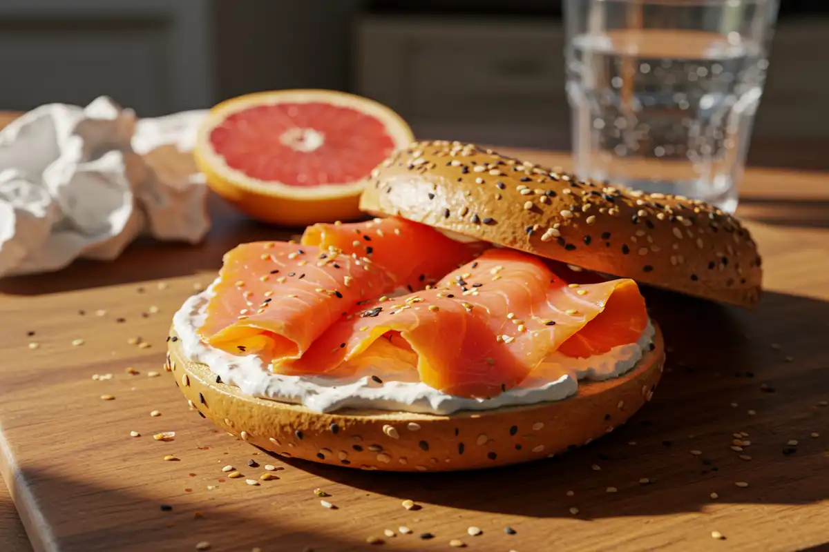 Low-fat cream cheese on a bagel with smoked salmon.