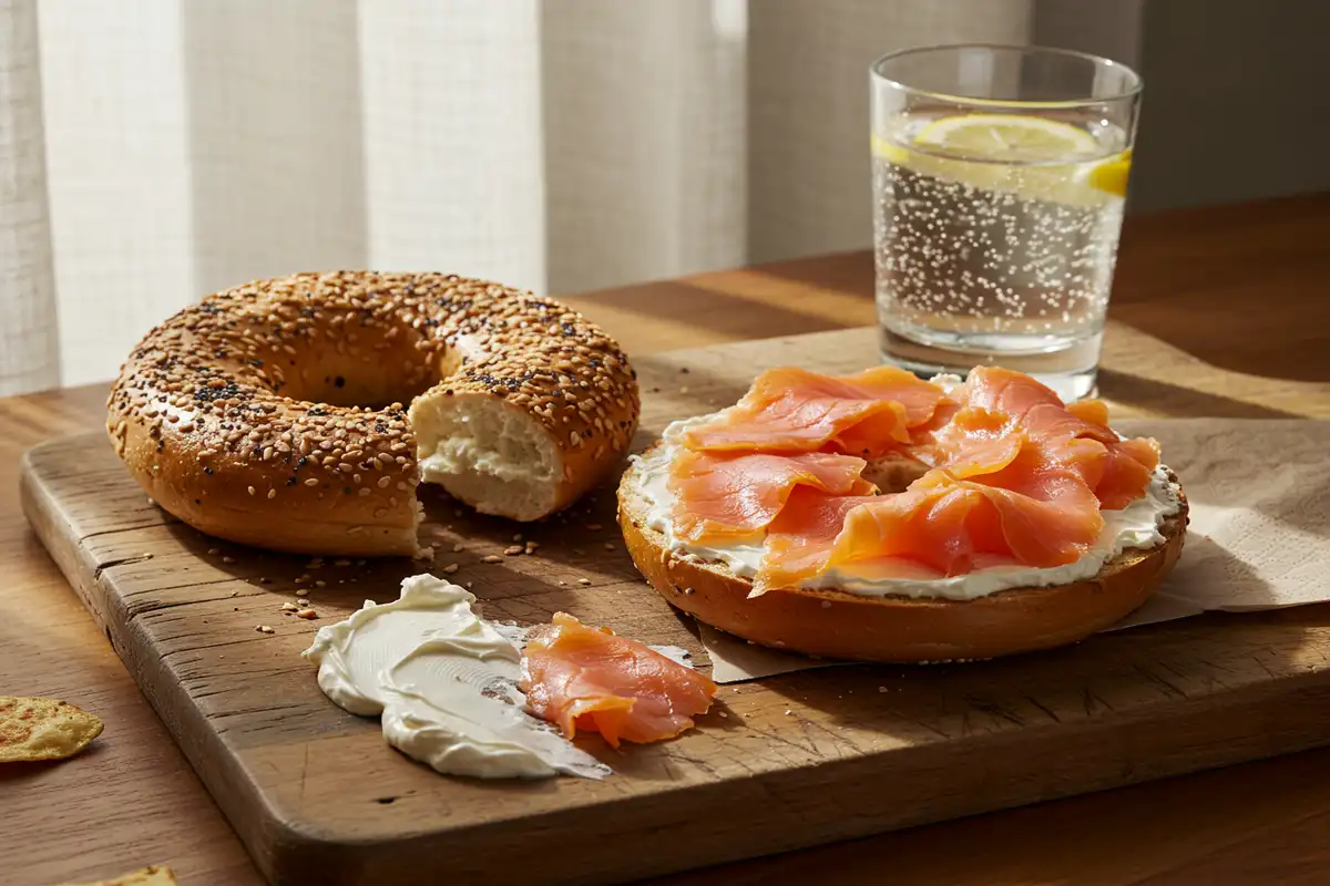 A collection of ingredients for a smoked salmon appetizer, including capers, lemon slices, and dill, arranged on a wooden board.