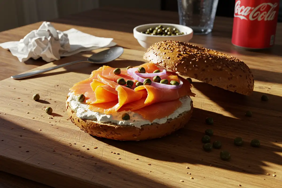 iPhone photo of a smoked salmon bagel with cream cheese, capers, and red onion on a wooden cutting board.