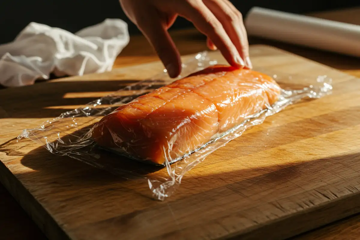 Amateur photo of preparing smoked salmon for freezing, wrapped in plastic on a wooden board.
