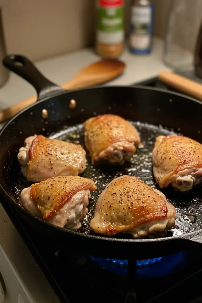 Chicken thighs browning in a cast iron skillet, ready to be simmered for chicken and dressing.