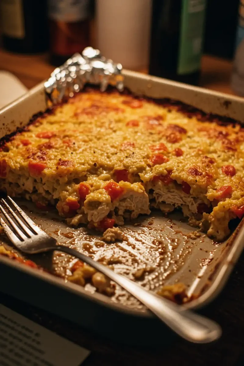 Chicken and Dressing Recipe in a baking dish, with a fork and crumpled foil nearby.