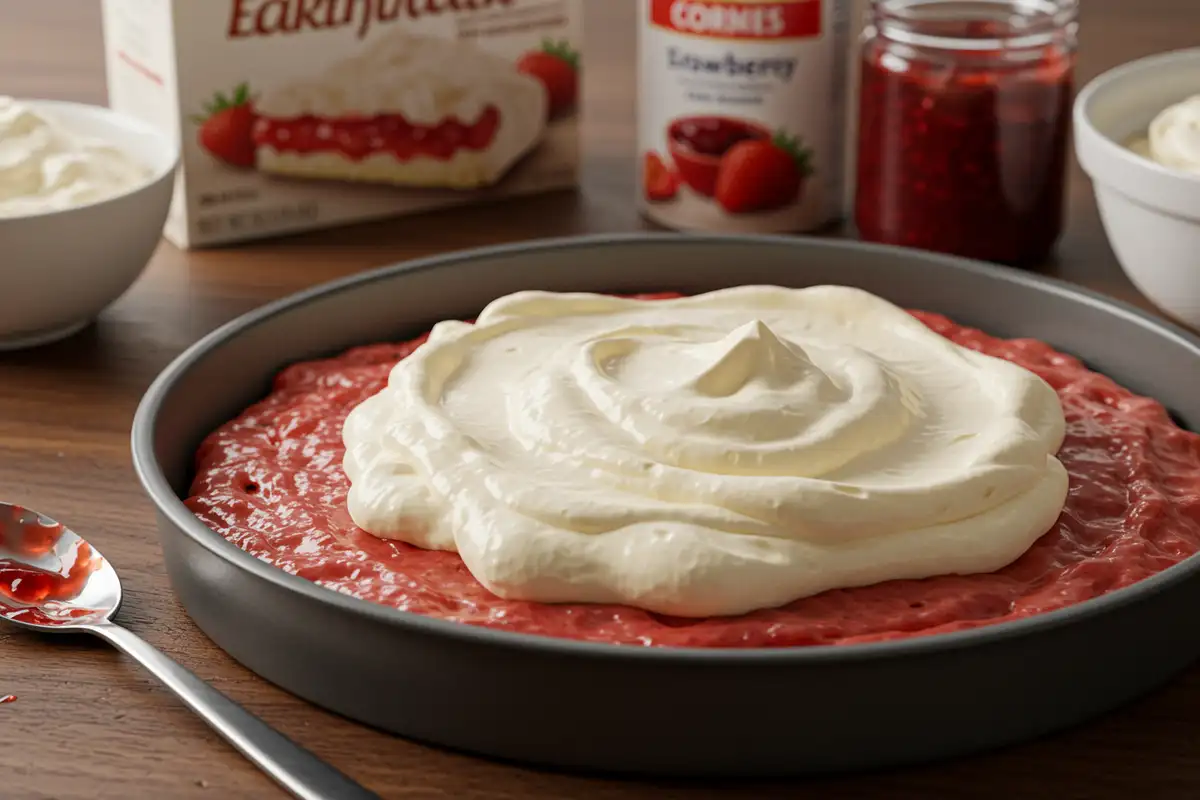 A Strawberry Earthquake Cake features cream cheese on top of strawberry cake batter.