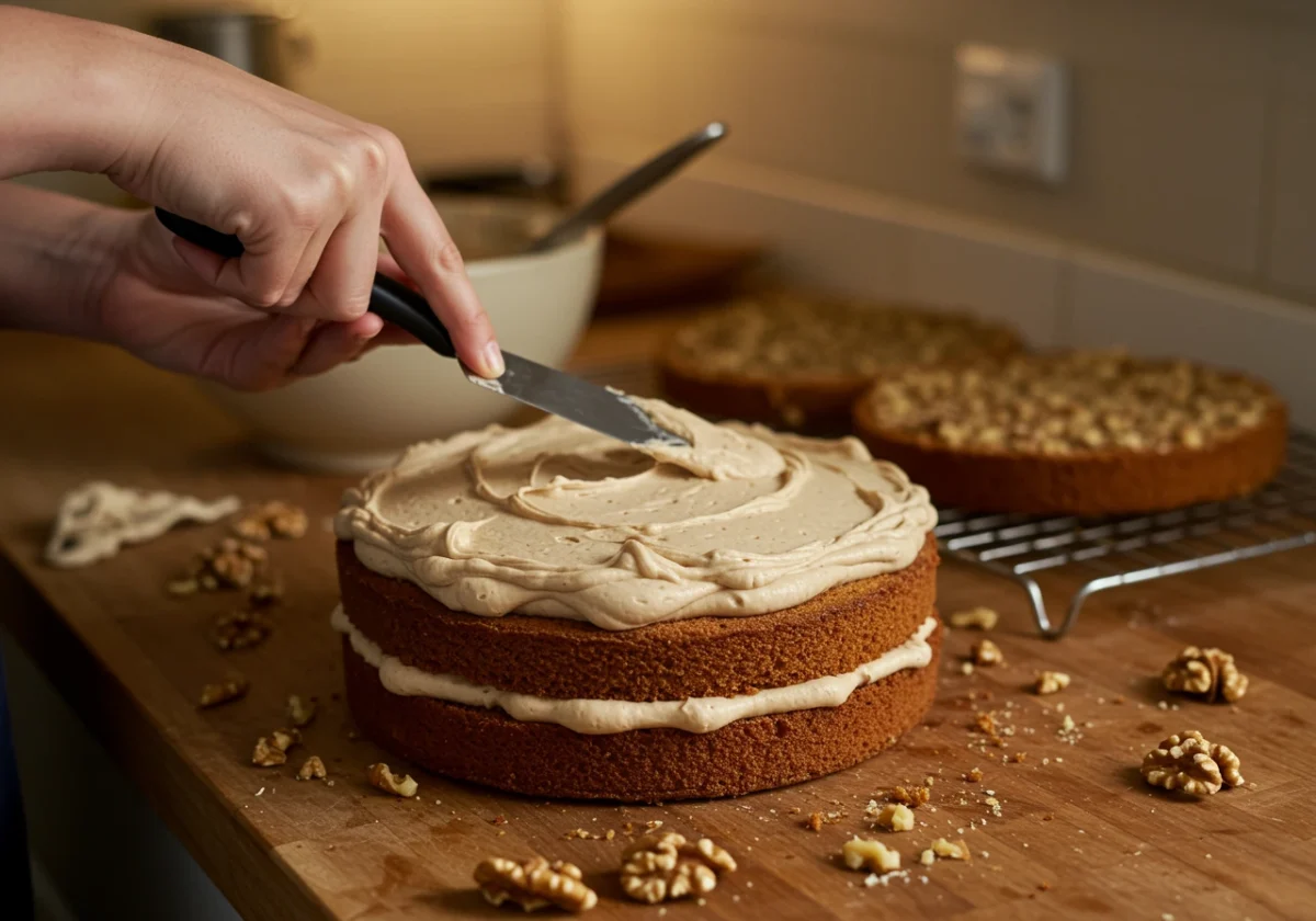 Coffee and Walnut Cake Recipe Mary Berry: Easy Bake 2 A hand frosting a Coffee and Walnut Cake with coffee buttercream.