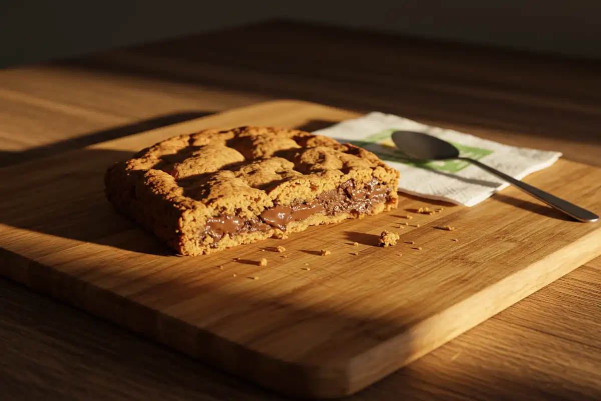 Amateur iPhone XR photo of a sliced Subway footlong cookie with melted chocolate chips, resting on a wooden cutting board with warm tones, conveying the warmth and deliciousness of homemade baking
