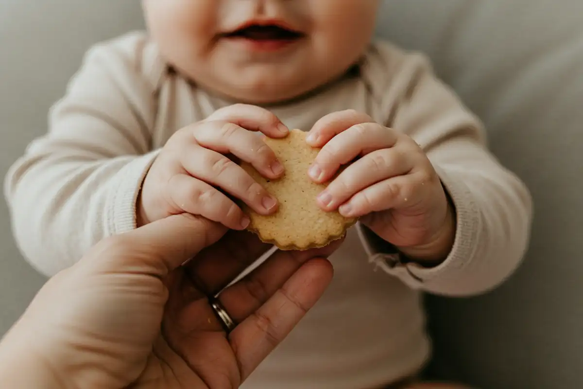 A baby enjoying a soft, safe baby cookie: Emphasizing the enjoyment and safe way of intaking and helping with "What are the cookies for baby drooling?