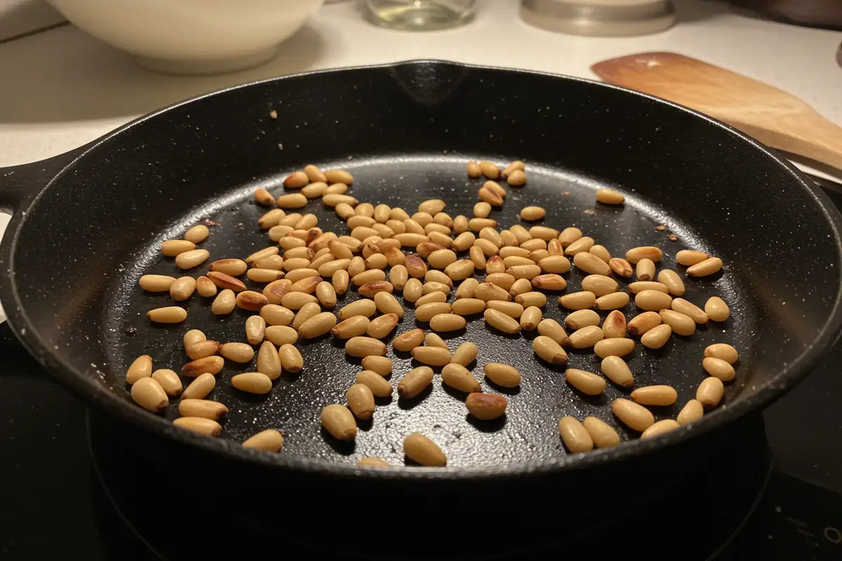 Toasted piñon pine nuts in a cast iron skillet, ready to be added to ice cream.