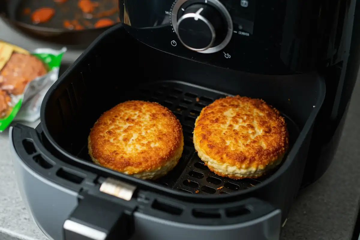 Golden-brown Frozen Chicken Patty in Air Fryer in a slightly greasy air fryer basket, on a cluttered kitchen counter. 