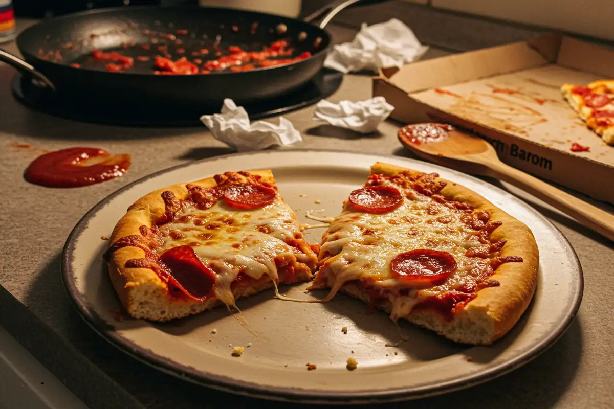 Close-up of a half-eaten Red Baron French Bread Pizza on a plate in a cluttered kitchen, air fryer visible in background.