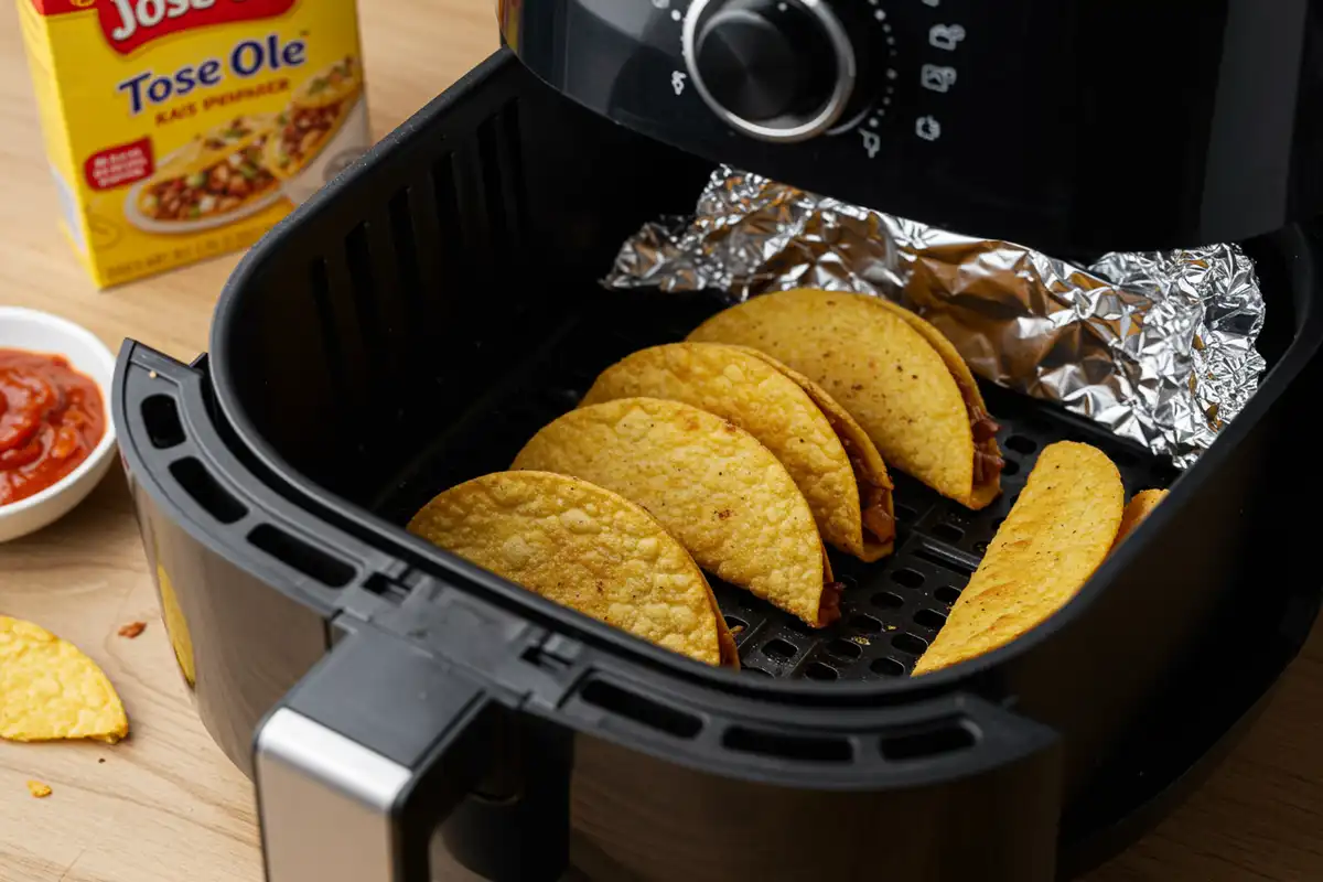 Crispy Jose Ole Mini Tacos in an air fryer basket on a cluttered kitchen counter.