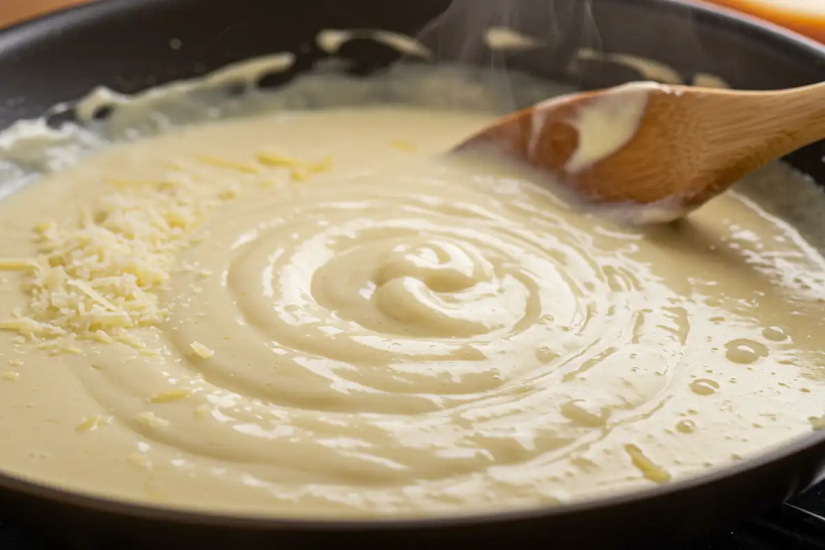 Extremely close-up view of creamy Alfredo sauce in a skillet, highlighting texture and richness.