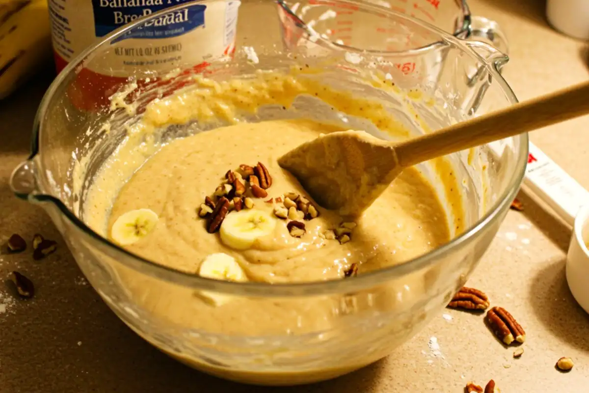 A photo of a mixing bowl filled with Betty Crocker Banana Nut Bread batter, with baking ingredients in the background.