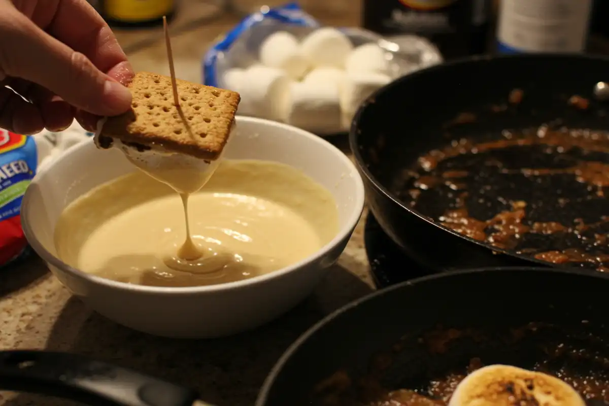 A hand dips a s'more chunk impaled on a toothpick, dripping with batter, over a stainless steel bowl, in a cluttered kitchen setting.