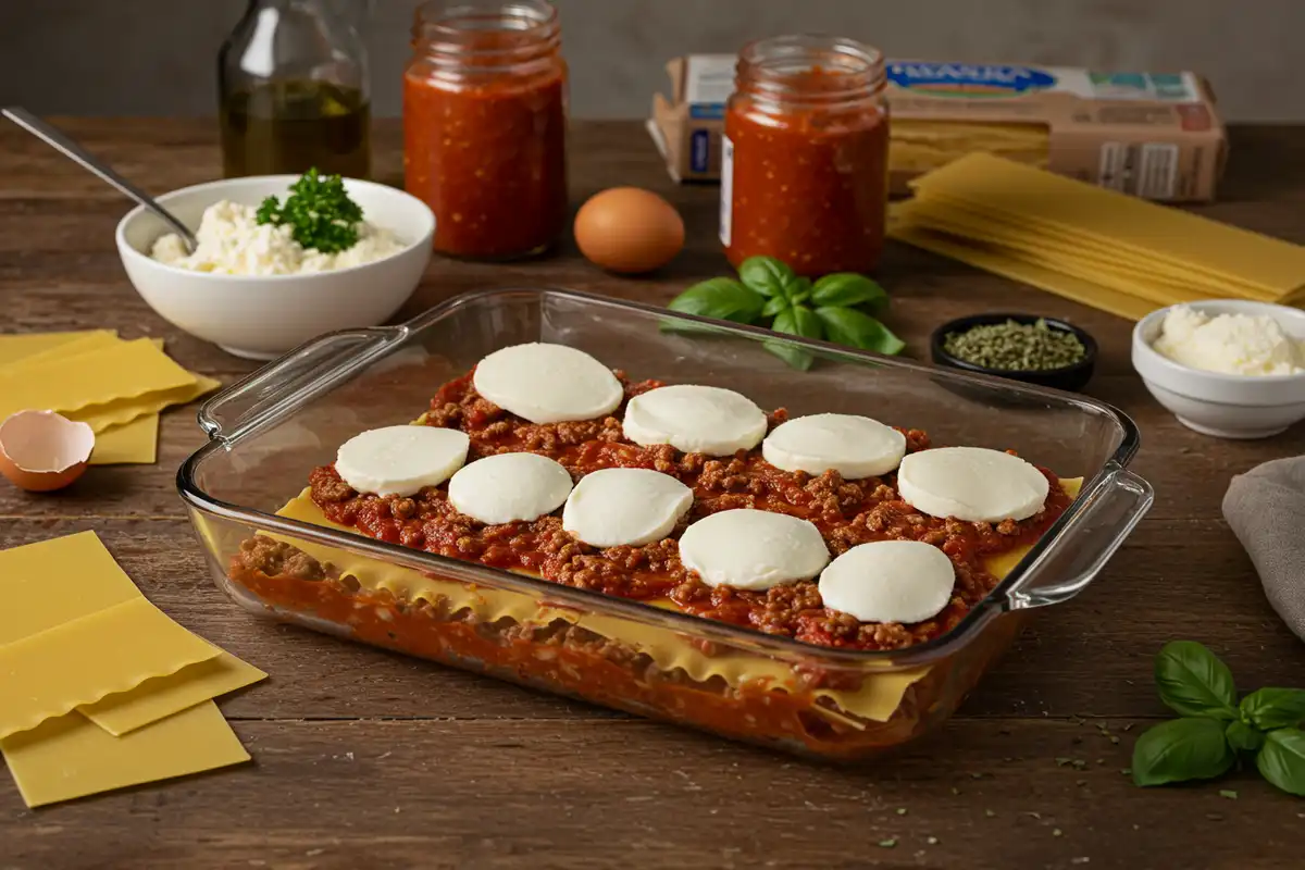 Assembling Joy Behar lasagna with visible layers of noodles, meat sauce, ricotta, and mozzarella.