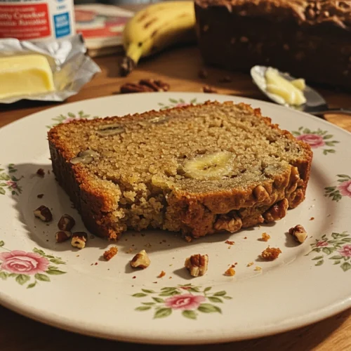 A close-up photo of a slice of homemade Betty Crocker Banana Nut Bread Recipe on a vintage plate, with baking supplies in the background.