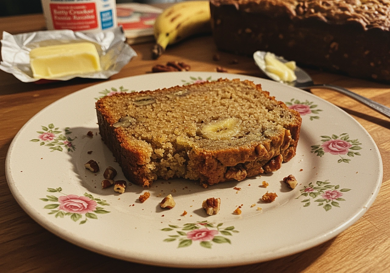 A close-up photo of a slice of homemade Betty Crocker Banana Nut Bread on a vintage plate, with baking supplies in the background.