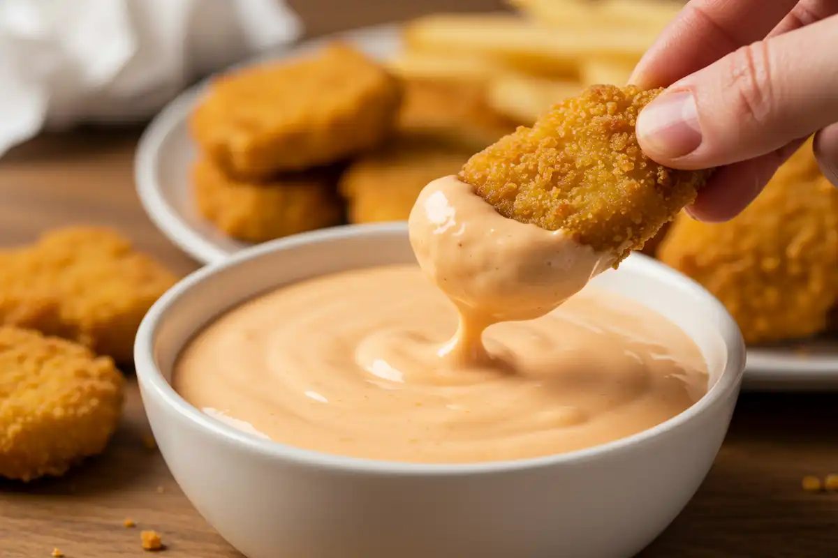 Photo of chicken nuggets being dipped into Braums Sauce.