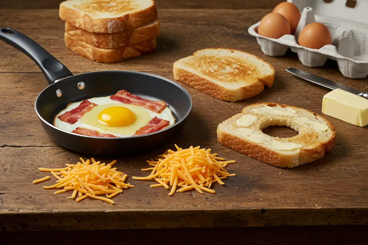 Assembling Breakfast Grilled Cheese with sourdough bread, egg, cheddar cheese, and bacon.