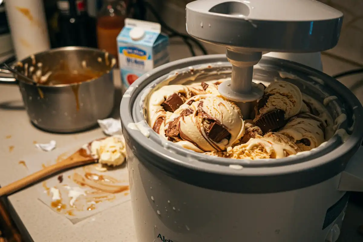 A photo of a partially frozen batch of homemade Moose Tracks ice cream churning in an ice cream maker, surrounded by a cluttered kitchen setting.