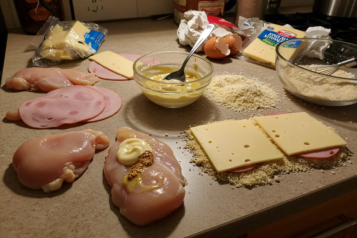 Assembling Chicken Cordon Bleu on a cluttered counter with chicken, ham, cheese, mustard, eggs, and breadcrumbs.