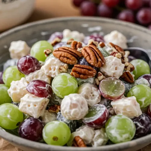Close-up of creamy grape salad with pecans and brown sugar in a cluttered kitchen setting
