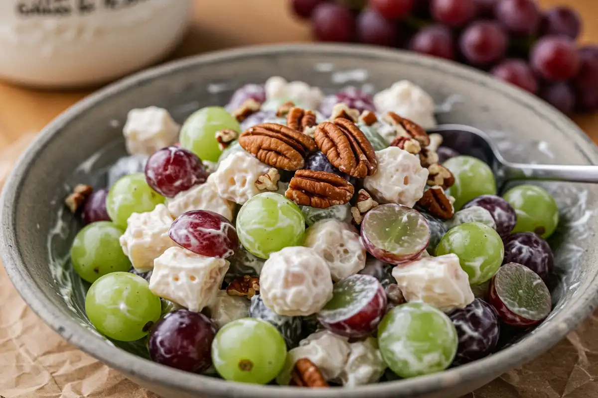 Close-up of creamy grape salad with pecans and brown sugar in a cluttered kitchen setting