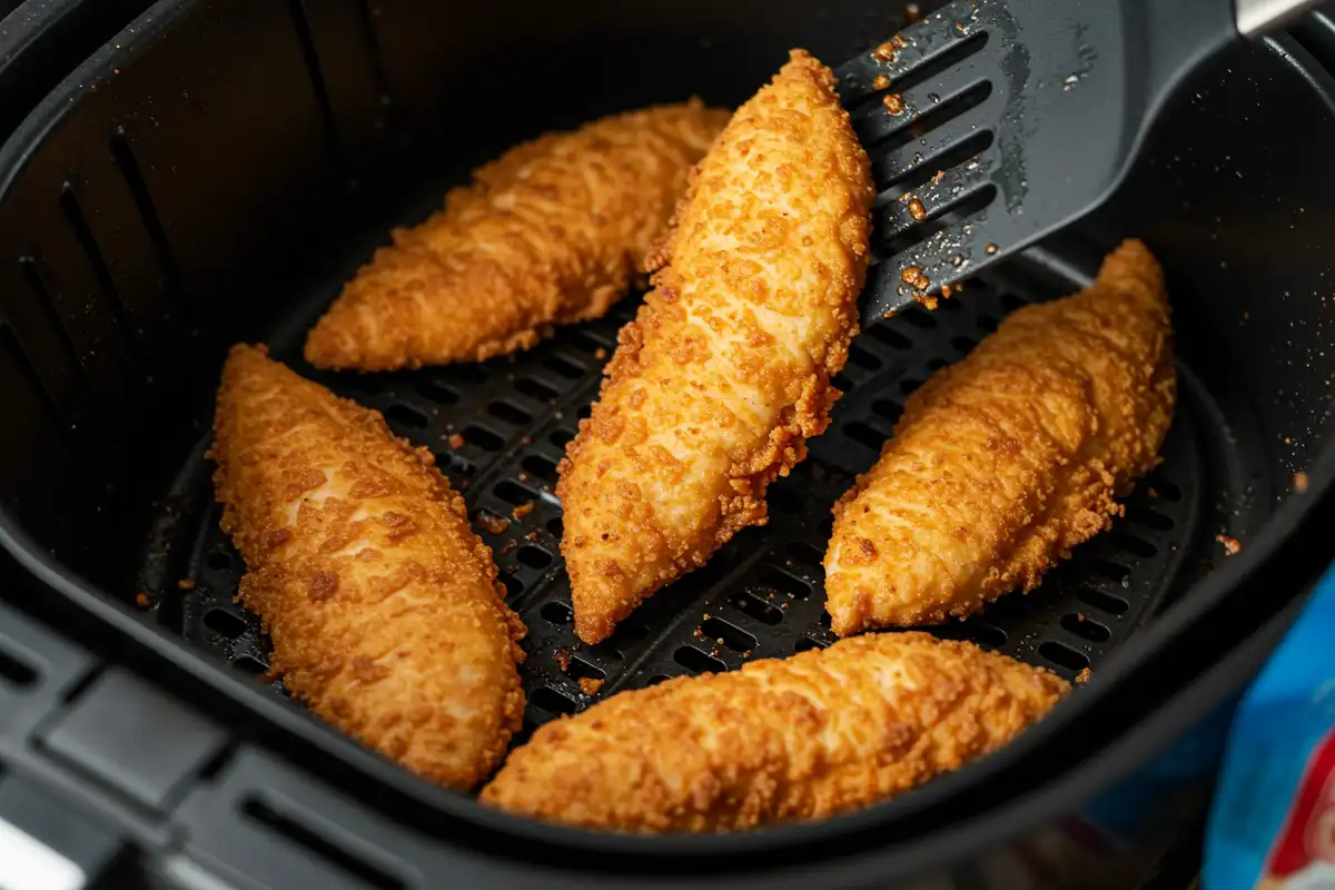 Golden-brown Tyson Southern Style Chicken Tenderloins being flipped in an air fryer basket.