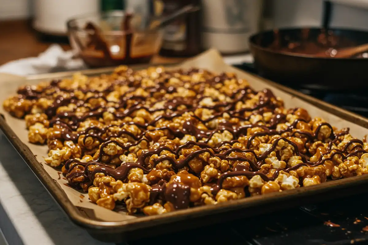 Close-up shot of Moose Munch on a baking sheet, drizzled with melted chocolate.