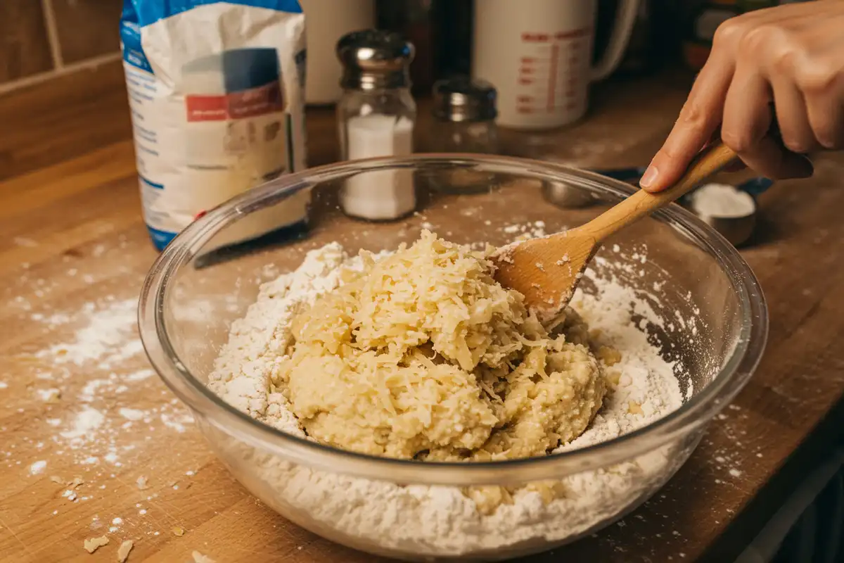 Image of dumpling dough being prepared in a bowl with ingredients and a hand in a messy kitchen environment.