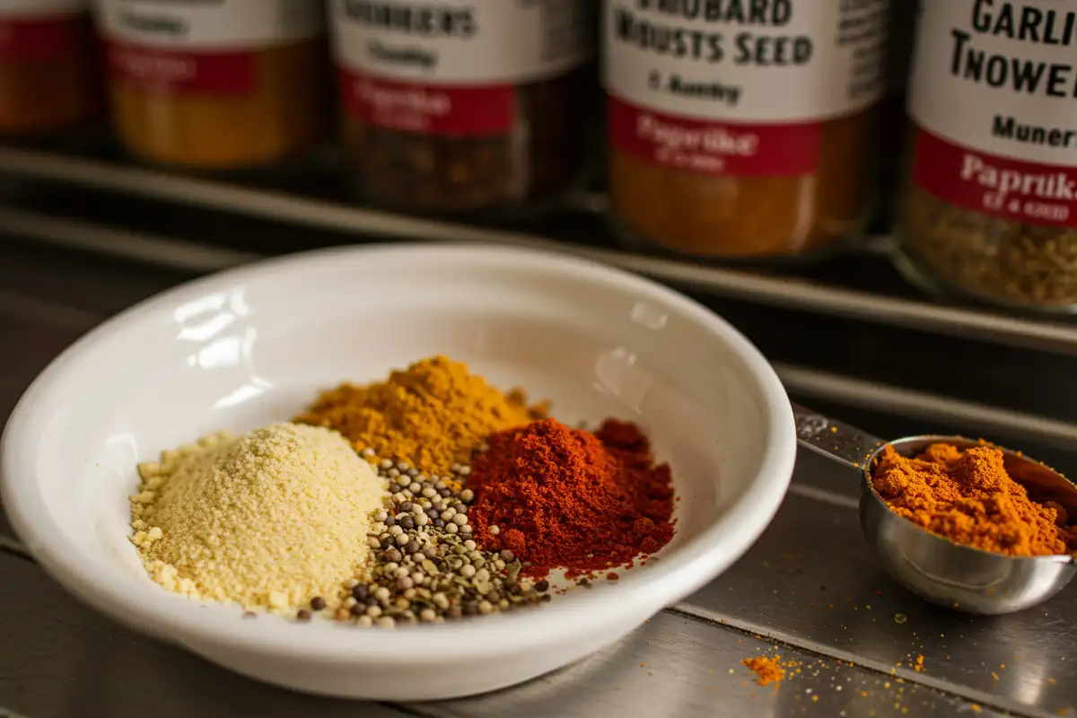 A photo of a spice blend in a dish, with individual spice jars in the background, in a cluttered kitchen setting.