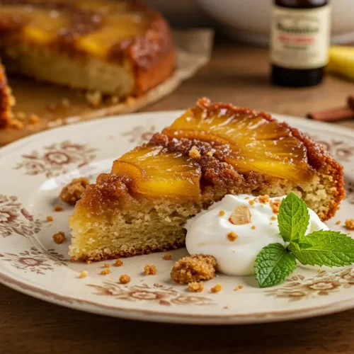 Slice of Pineapple Upside Down Cake on a plate, showcasing caramelized pineapple and moist cake with whipped cream.