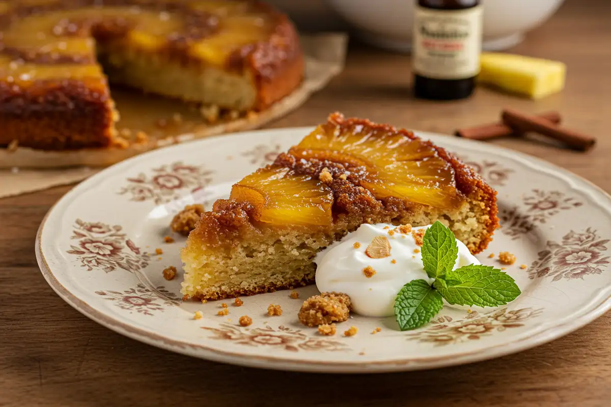 Slice of Pineapple Upside Down Cake on a plate, showcasing caramelized pineapple and moist cake with whipped cream.