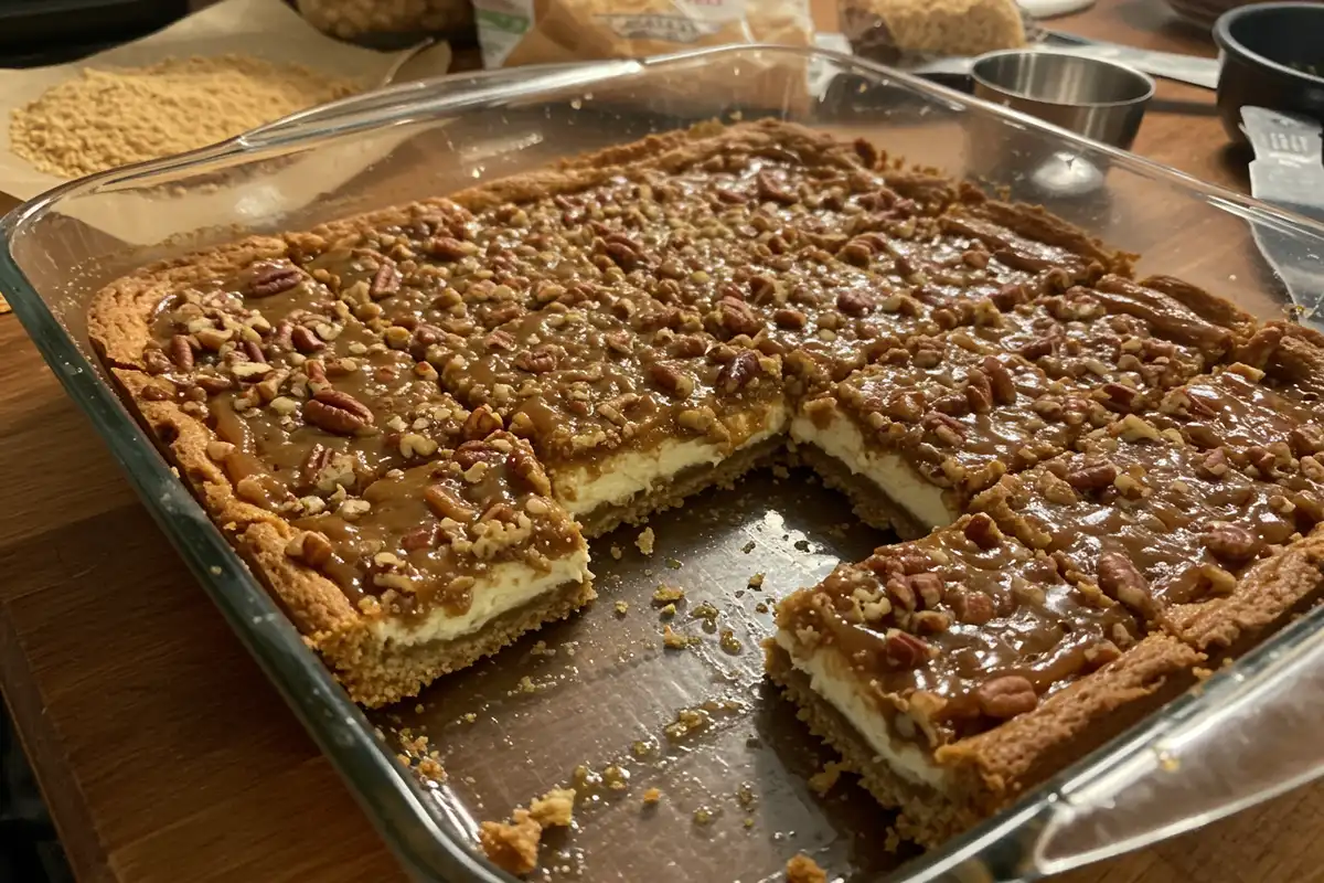 A photo of a baking dish filled with homemade Pecan Pie Cheesecake Bars, cut into slightly uneven squares, with baking supplies nearby.