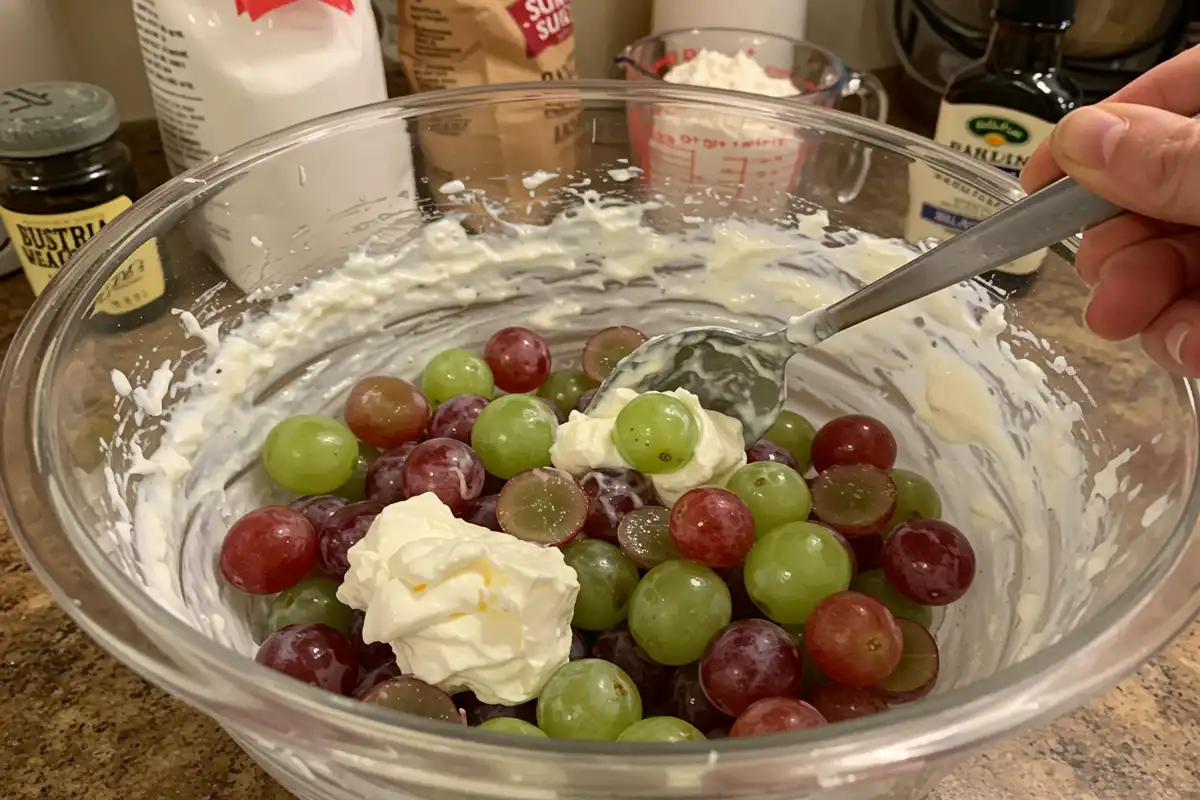 Image of grape salad preparation, showing ingredients and hand holding spoon in a messy kitchen environment.