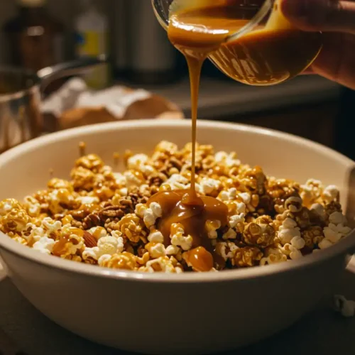 Hands pouring caramel over popcorn and nuts in a large bowl, surrounded by kitchen clutter.