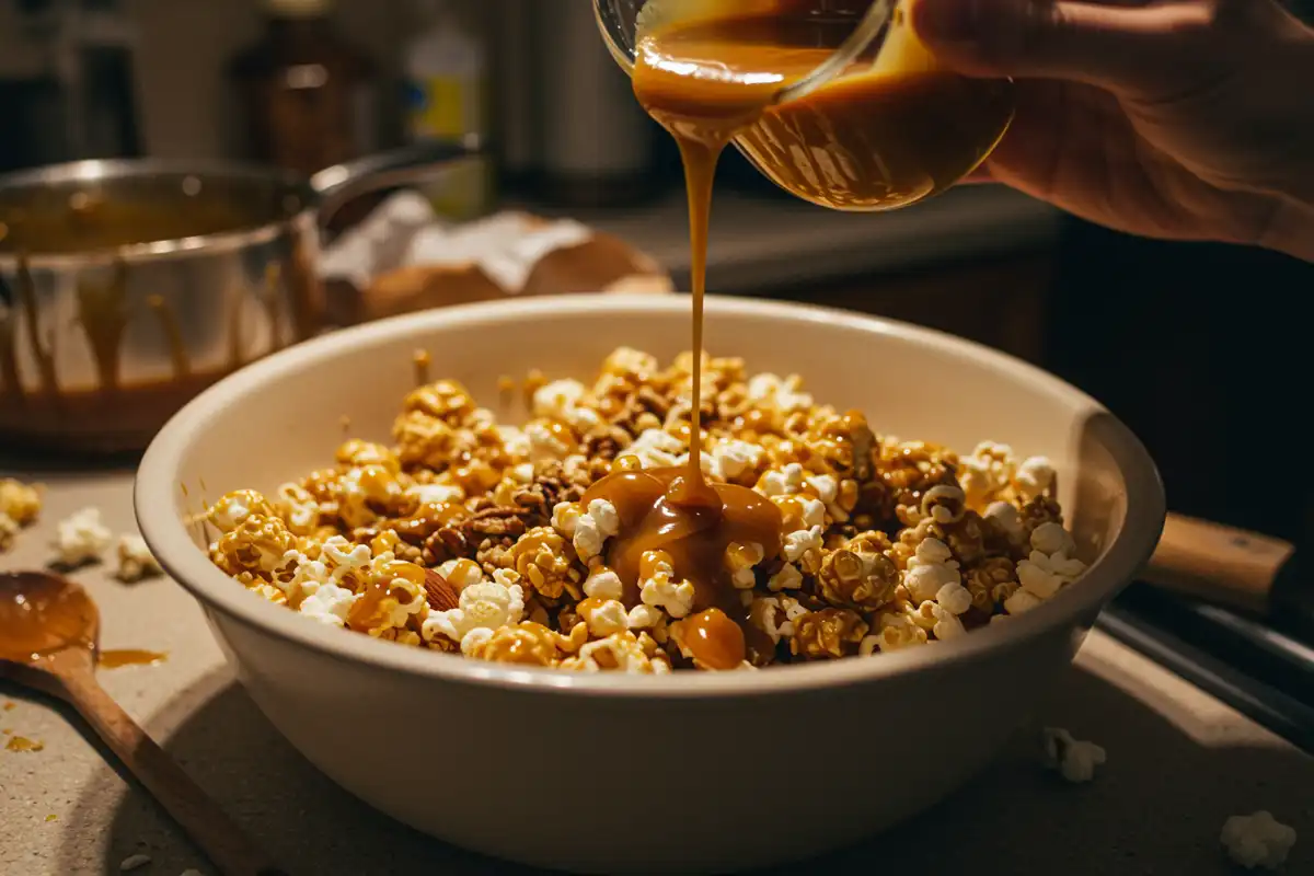 Hands pouring caramel over popcorn and nuts in a large bowl, surrounded by kitchen clutter.