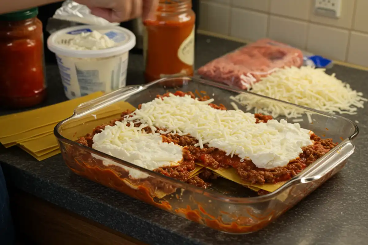 Ronzoni Lasagna Recipe preparation in a messy kitchen.