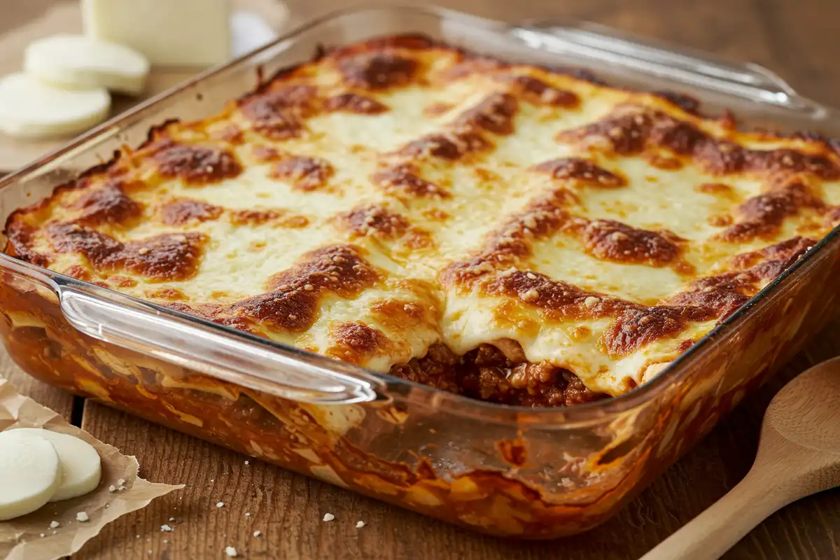 Close-up of golden brown, bubbly lasagna with melted mozzarella and parmesan cheese.