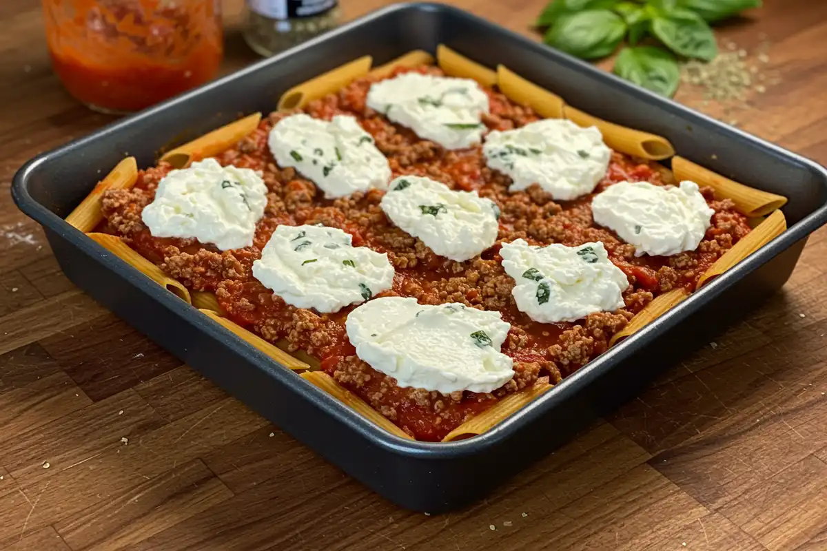 Unbaked Lazy Lasagna Recipe in baking pan showing layers of pasta, meat sauce, ricotta, and mozzarella, ready for the oven.