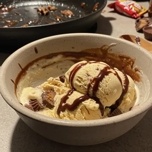 A close-up photo of a partially eaten bowl of homemade Moose Tracks ice cream with melted edges, surrounded by a messy kitchen scene.