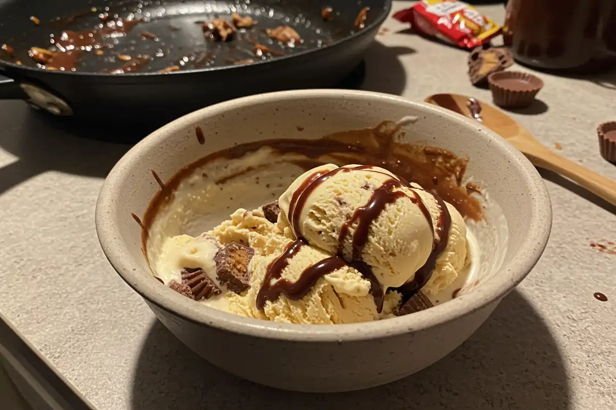 A close-up photo of a partially eaten bowl of homemade Moose Tracks ice cream with melted edges, surrounded by a messy kitchen scene.