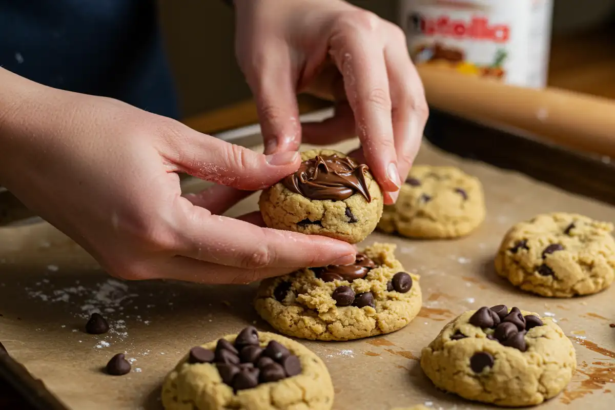 Hands preparing a Nutella stuffed cookie with a blob of Nutella.