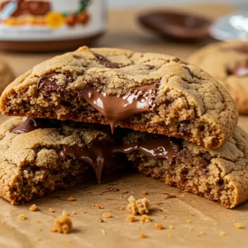 Broken Nutella stuffed cookie with melted Nutella oozing out.