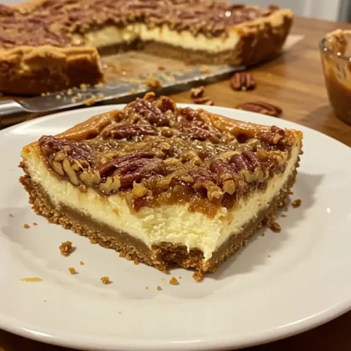 A close-up photo of a slice of Pecan Pie Cheesecake Bar, revealing its layered composition, on a simple white plate, amidst a baking scene.