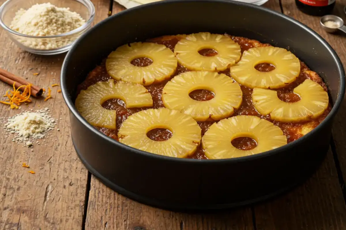 Unbaked Pineapple Upside Down Cake in a pan, with pineapple slices, caramel sauce, and cake batter.